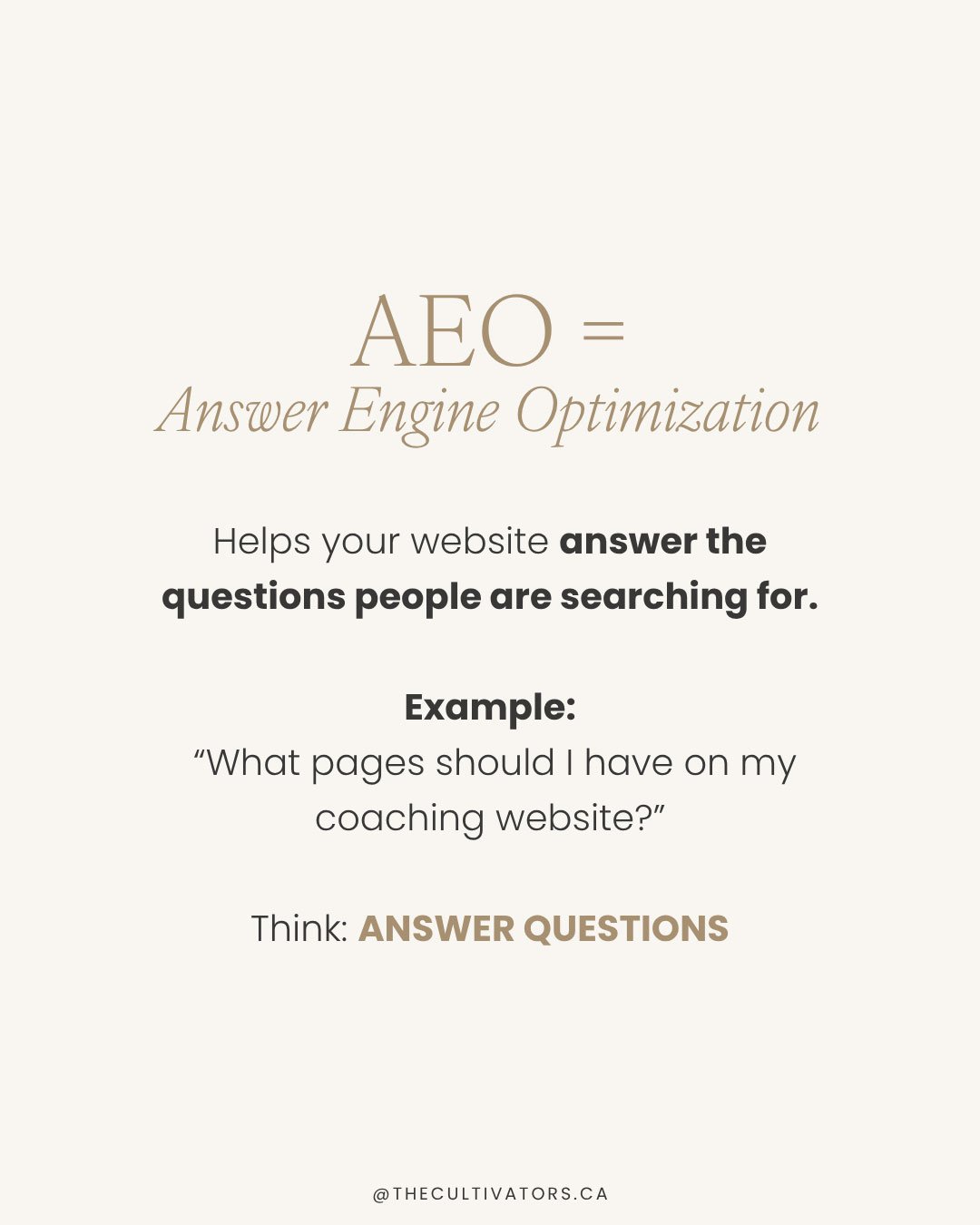 AEO (Answer Engine Optimization) helps your website answer specific questions people search for, such as “What pages should I have on my coaching website?”