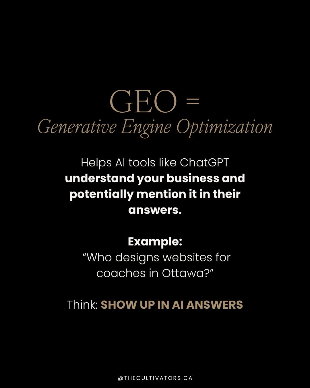 GEO (Generative Engine Optimization) helps AI tools understand your business and potentially include it in relevant AI-generated answers.