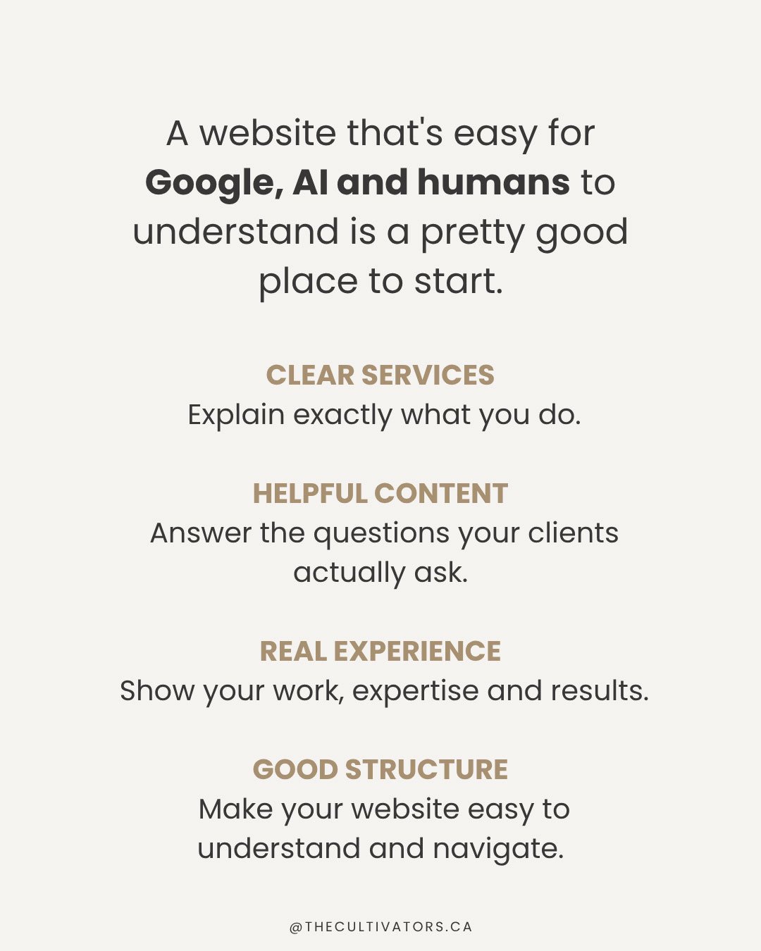 A website optimized for SEO, AEO and GEO clearly explains its services, answers customer questions, demonstrates real experience and has an easy-to-understand structure.